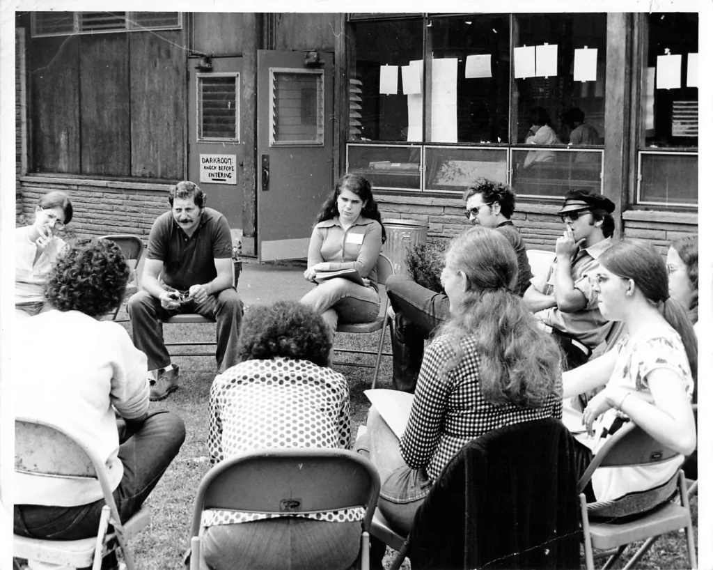 Students discussing big Jewish ideas at Hillel in the 1970s.